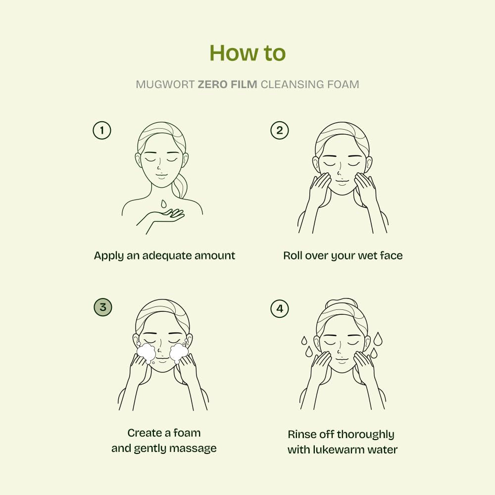 Mugwort Zero Film Cleansing Foam 5.07 Fl.Oz, 150Ml ㅣDaily Makeup Blackhead Removal No Pore Clogging Korean Skincare Double Cleansing