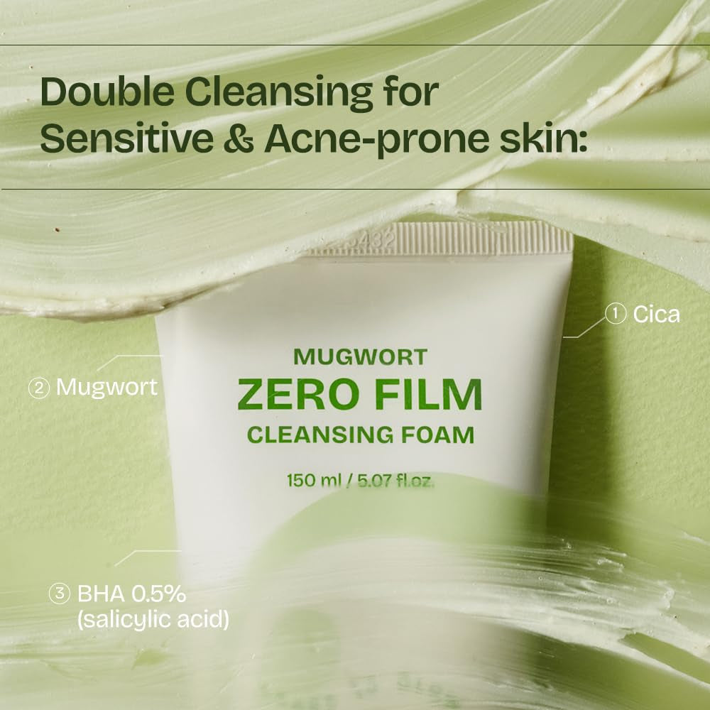 Mugwort Zero Film Cleansing Foam 5.07 Fl.Oz, 150Ml ㅣDaily Makeup Blackhead Removal No Pore Clogging Korean Skincare Double Cleansing