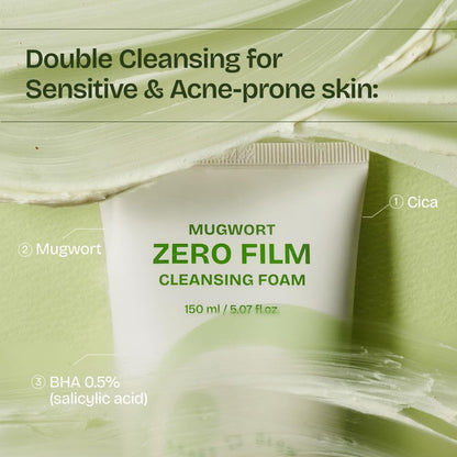 Mugwort Zero Film Cleansing Foam 5.07 Fl.Oz, 150Ml ㅣDaily Makeup Blackhead Removal No Pore Clogging Korean Skincare Double Cleansing